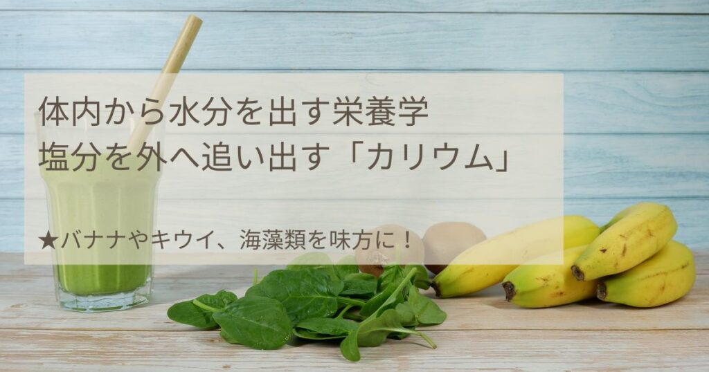 体内から水分を出す栄養学 塩分を外へ追い出す「カリウム」 ★バナナやキウイ、海藻類を味方に！の文字と、バナナ、ほうれん草、グリーンスムージーの写真
